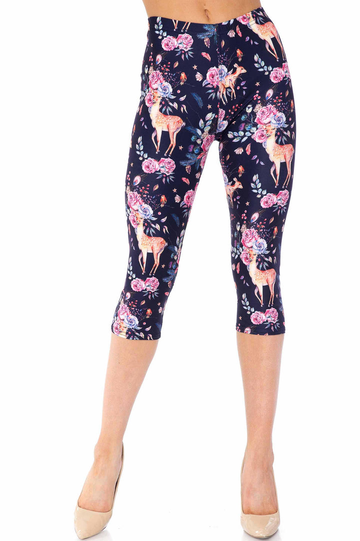 Creamy Soft Woodland Floral Fawn Extra Plus Size Capris - 3X-5X - USA Fashion