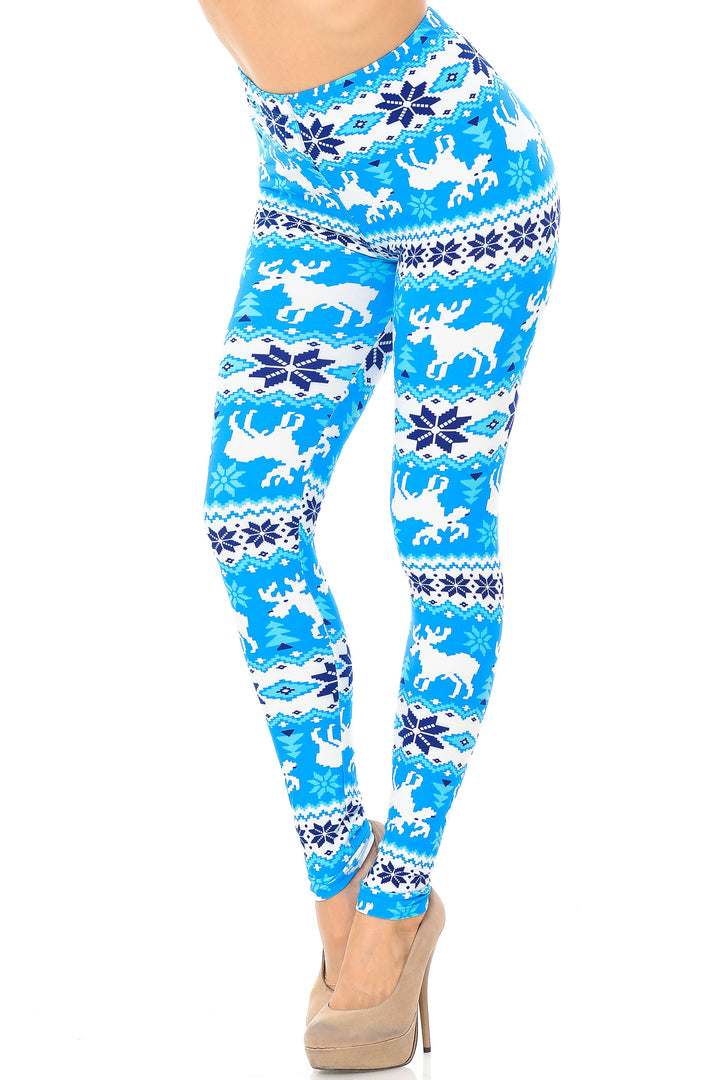 Buttery Soft Icy Blue Christmas Reindeer Extra Plus Size Leggings - 3X-5X
