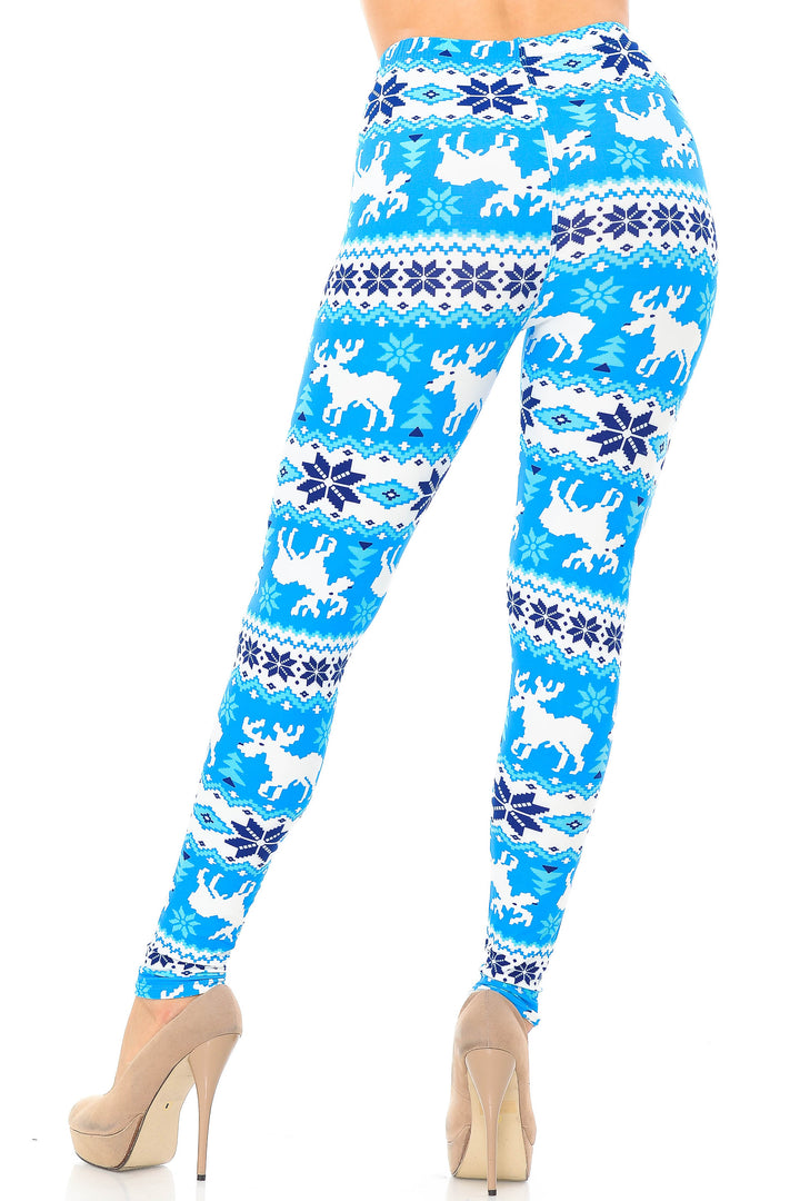 Buttery Soft Icy Blue Christmas Reindeer Extra Plus Size Leggings - 3X-5X