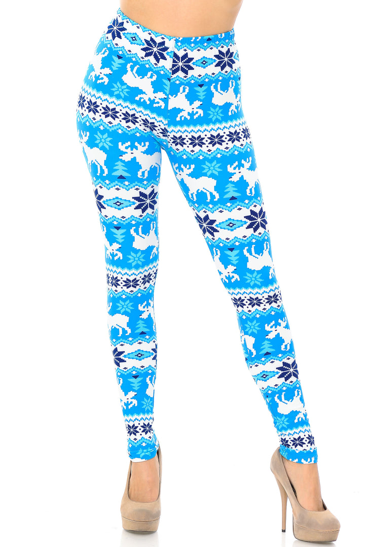 Buttery Soft Icy Blue Christmas Reindeer Extra Plus Size Leggings - 3X-5X
