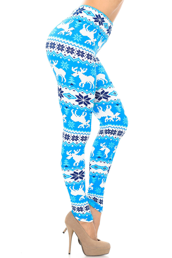 Buttery Soft Icy Blue Christmas Reindeer Extra Plus Size Leggings - 3X-5X