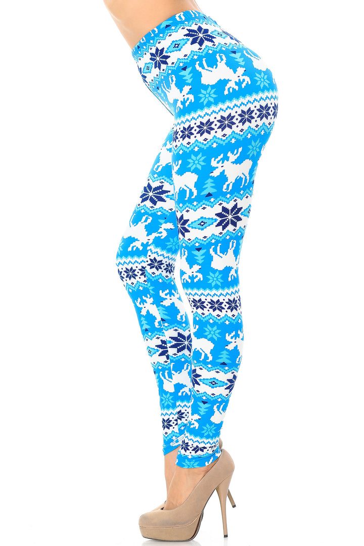 Buttery Soft Icy Blue Christmas Reindeer Extra Plus Size Leggings - 3X-5X