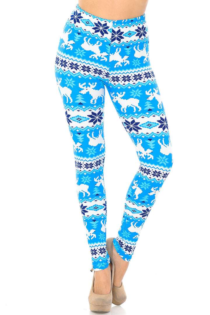 Buttery Soft Icy Blue Christmas Reindeer Extra Plus Size Leggings - 3X-5X