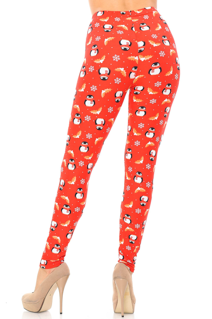 Buttery Soft Ruby Red Penguins Mistletoe and Snowflake Extra Plus Size Leggings - 3X-5X
