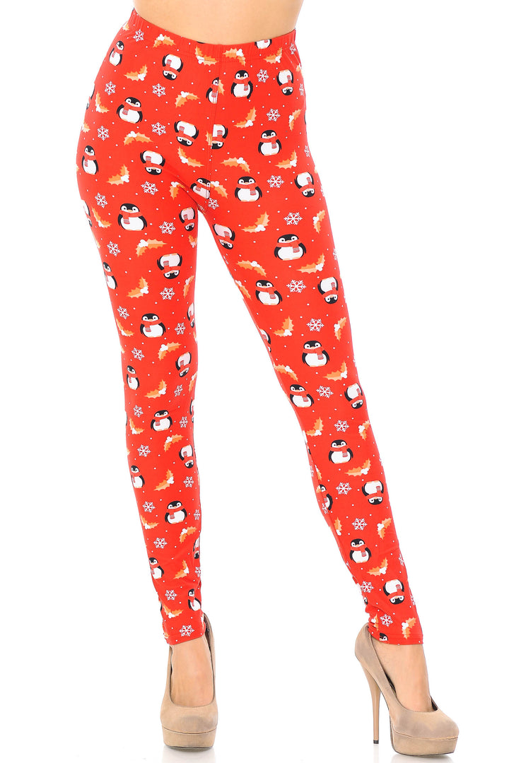 Buttery Soft Ruby Red Penguins Mistletoe and Snowflake Extra Plus Size Leggings - 3X-5X