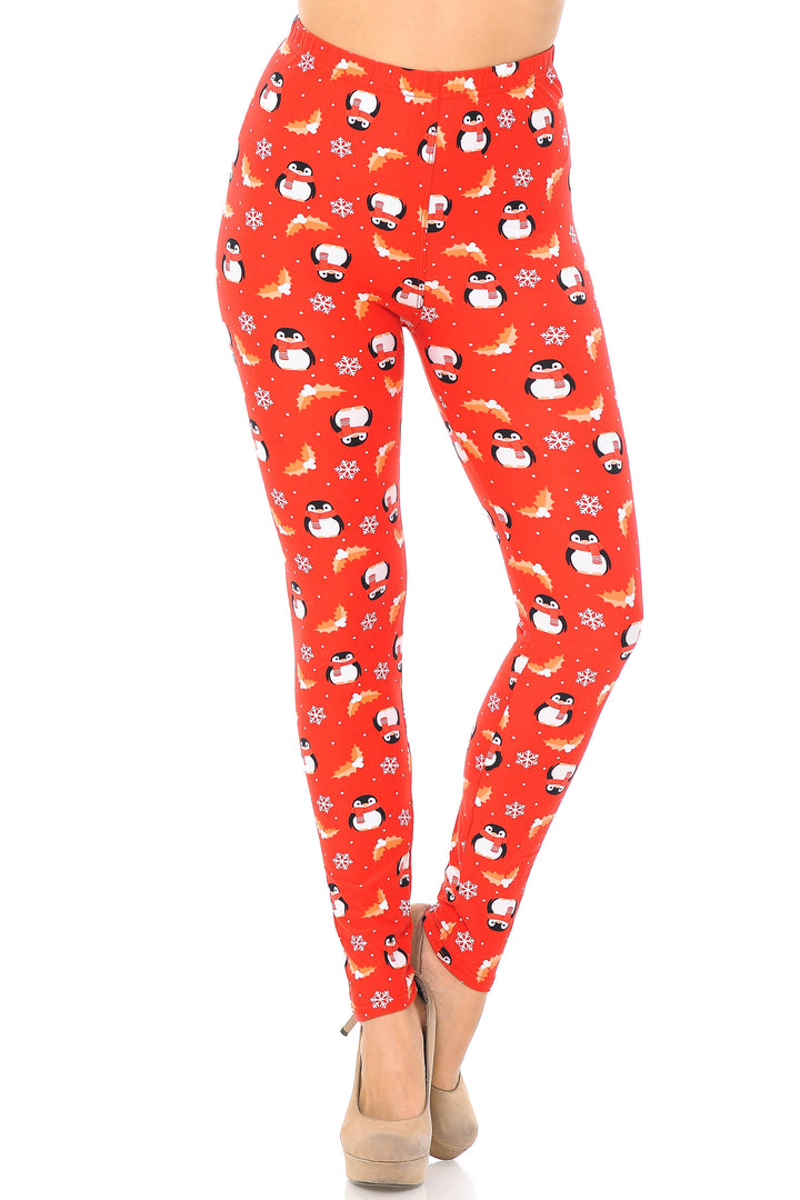 Buttery Soft Ruby Red Penguins Mistletoe and Snowflake Extra Plus Size Leggings - 3X-5X