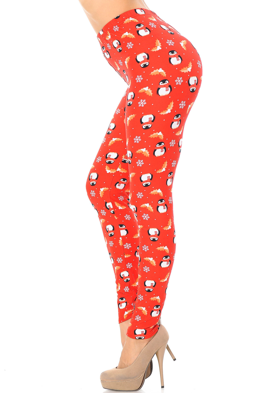 Buttery Soft Ruby Red Penguins Mistletoe and Snowflake Extra Plus Size Leggings - 3X-5X