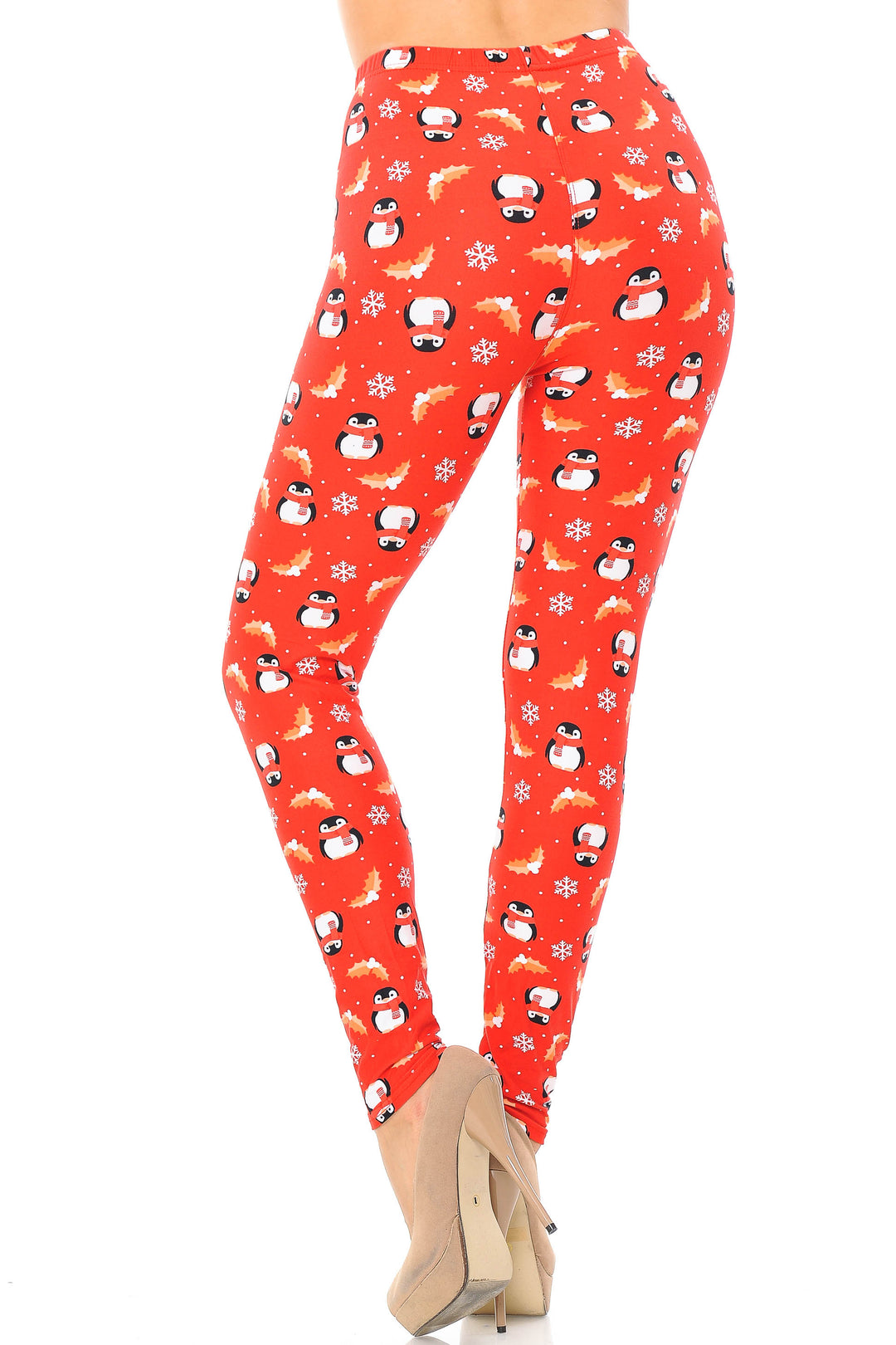 Buttery Soft Ruby Red Penguins Mistletoe and Snowflake Extra Plus Size Leggings - 3X-5X