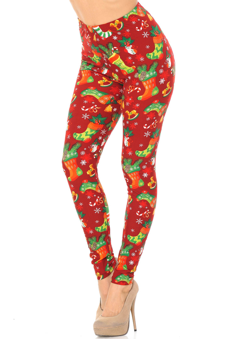 Buttery Soft Ruby Red Christmas Stocking Extra Plus Size Leggings - 3X-5X