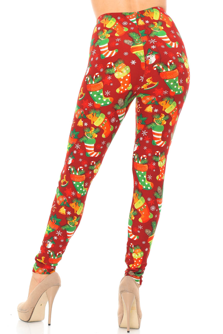 Buttery Soft Ruby Red Christmas Stocking Extra Plus Size Leggings - 3X-5X