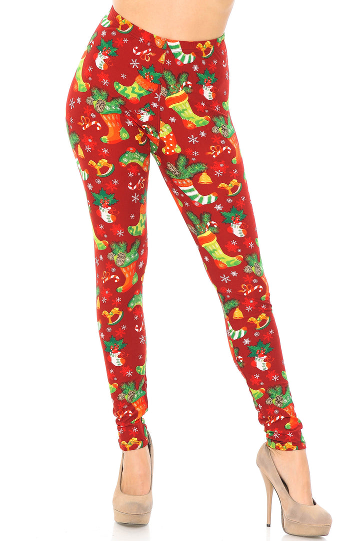 Buttery Soft Ruby Red Christmas Stocking Extra Plus Size Leggings - 3X-5X