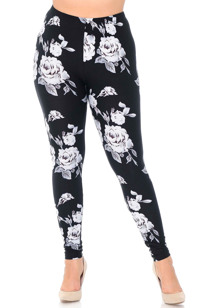 Buttery Smooth Jumbo White Rose Extra Plus Size Leggings - 3X - 5X