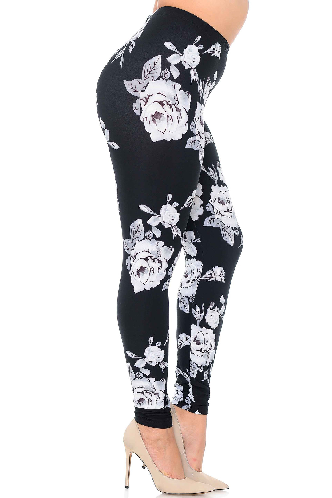 Buttery Smooth Jumbo White Rose Extra Plus Size Leggings - 3X - 5X