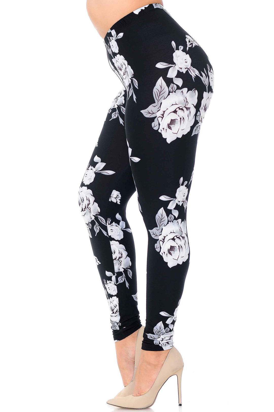 Buttery Smooth Jumbo White Rose Extra Plus Size Leggings - 3X - 5X