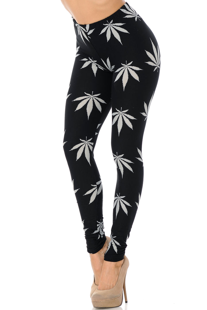 Buttery Smooth Black Marijuana Extra Plus Size Leggings - 3X-5X