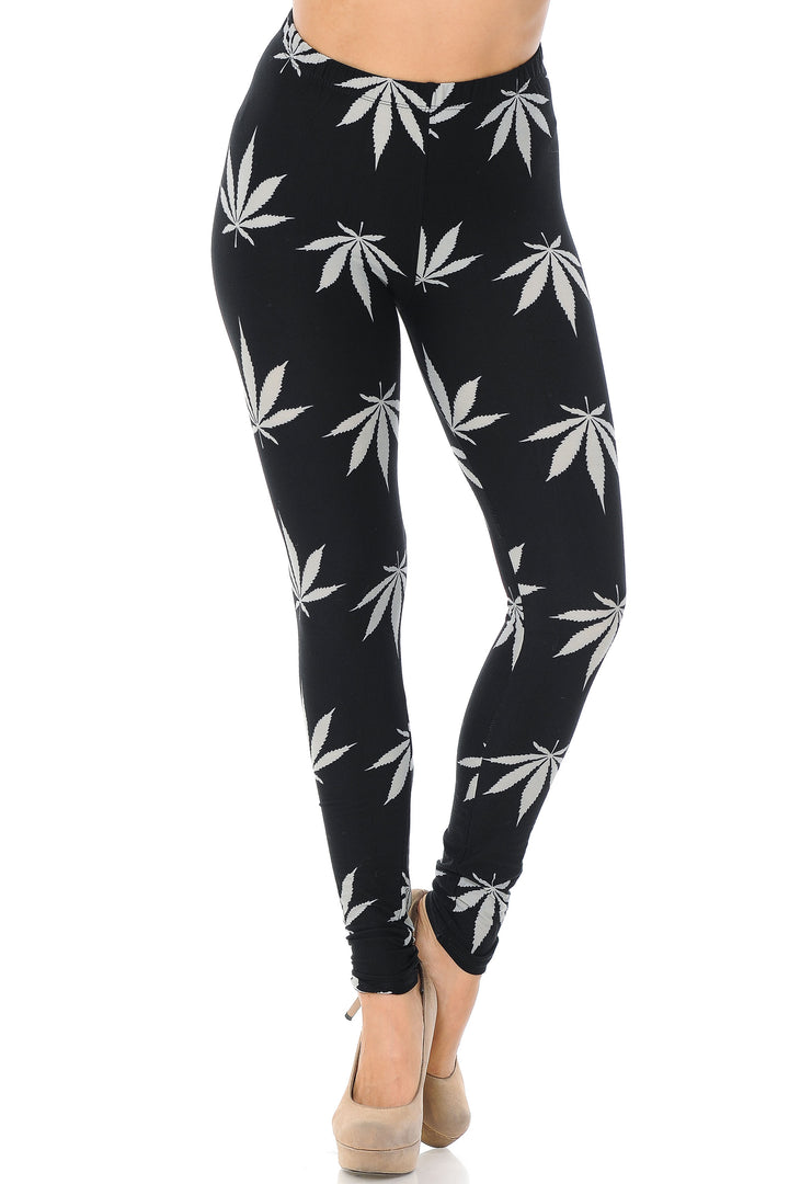Buttery Smooth Black Marijuana Extra Plus Size Leggings - 3X-5X