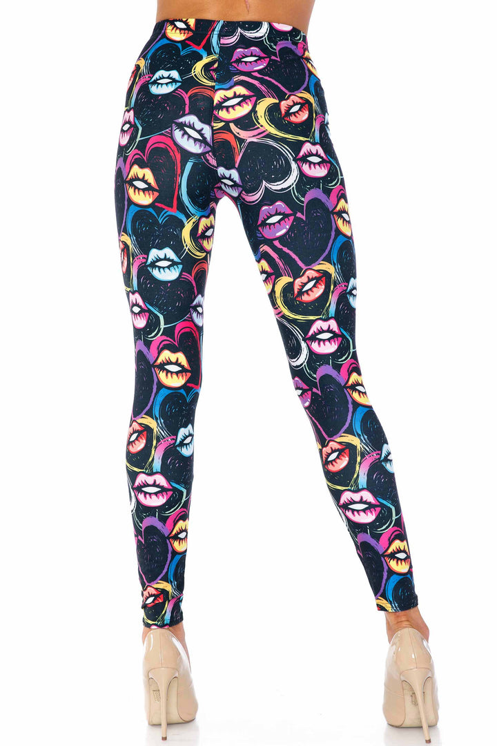 Creamy Soft Colorful Lips and Hearts Extra Plus Size Leggings - 3X-5X - USA Fashion (XPlus One Size,Black)