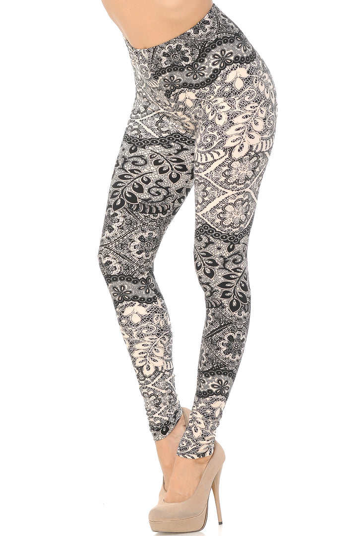 Buttery Soft Cream Leaf Extra Plus Size Leggings - 3X-5X