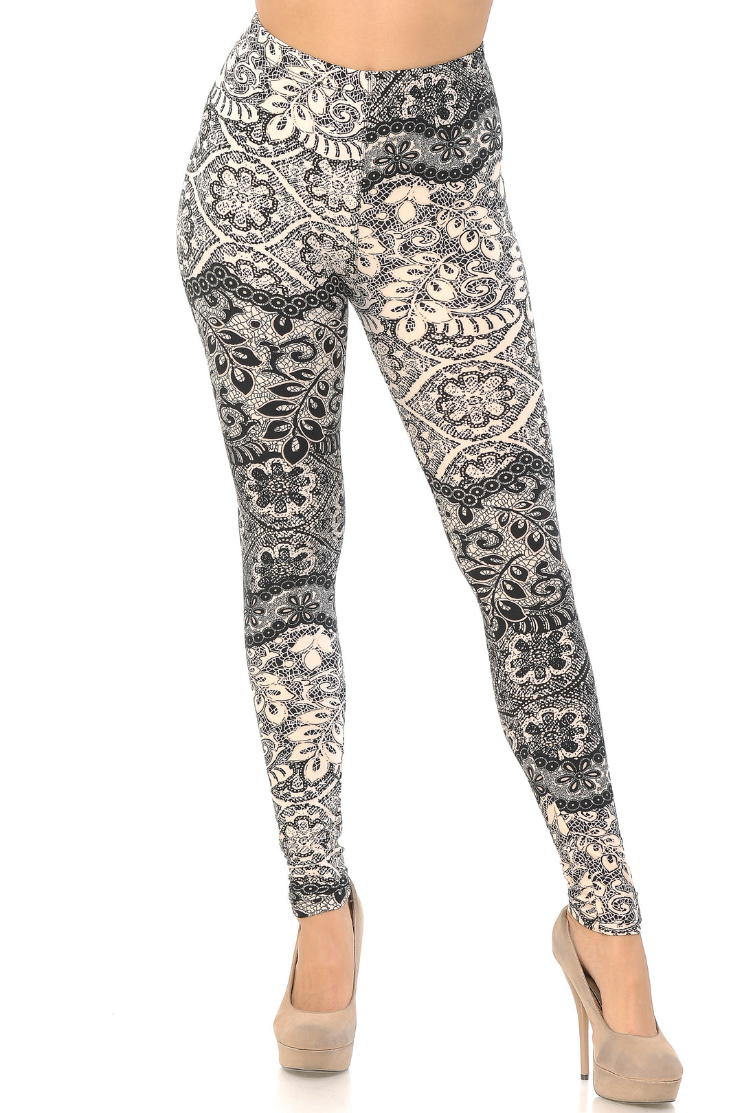 Buttery Soft Cream Leaf Extra Plus Size Leggings - 3X-5X