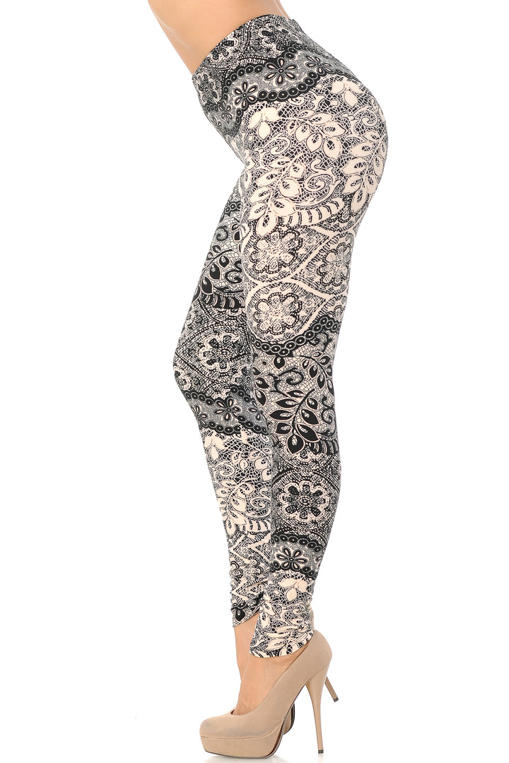 Buttery Soft Cream Leaf Extra Plus Size Leggings - 3X-5X