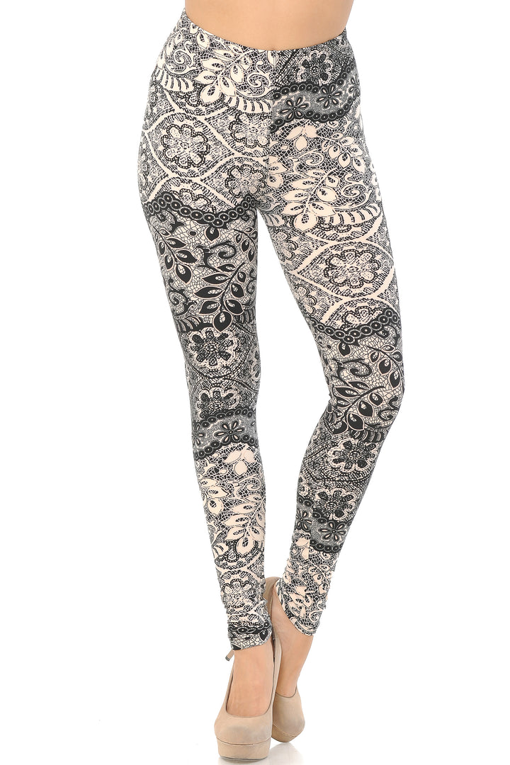 Buttery Soft Cream Leaf Extra Plus Size Leggings - 3X-5X