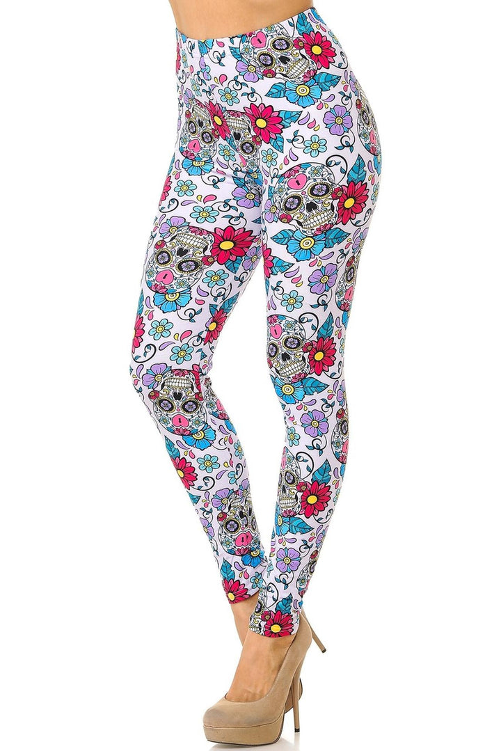 Buttery Smooth Lavender Sugar Skull Extra Plus Size Leggings - 3X-5X