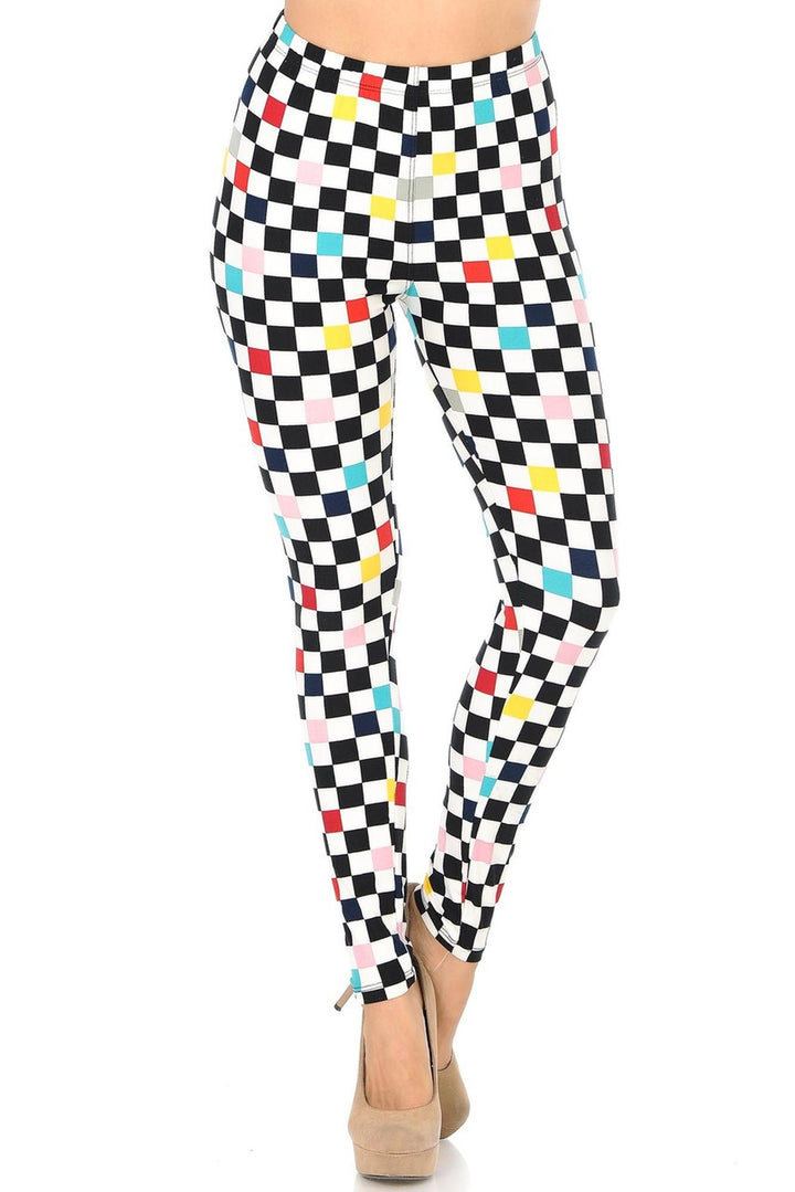 Buttery Smooth Color Accent Checkered Extra Plus Size Leggings - 3X-5X