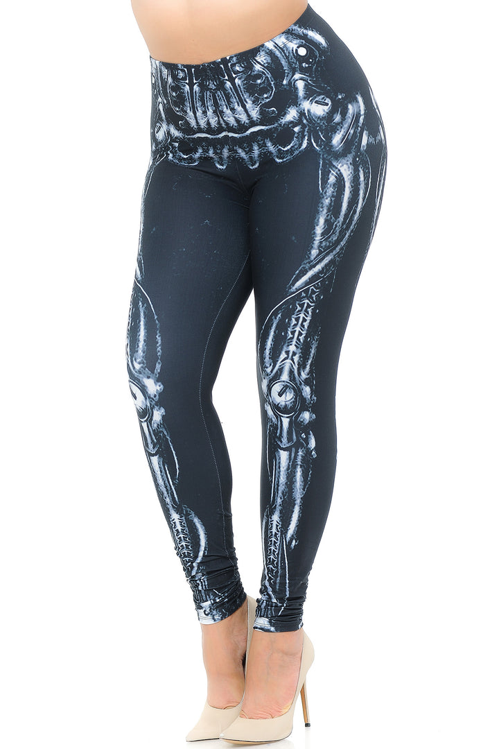 Creamy Soft Black Bio Mechanical Skeleton Extra Plus Size Leggings (Steam Punk) - 3X-5X - USA Fashion (XPlus One Size,Black)