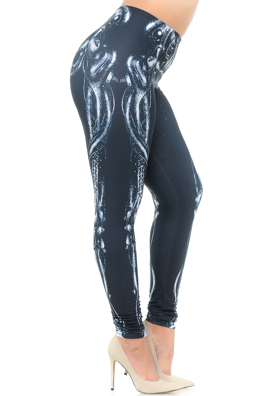 Creamy Soft Black Bio Mechanical Skeleton Extra Plus Size Leggings (Steam Punk) - 3X-5X - USA Fashion (XPlus One Size,Black)