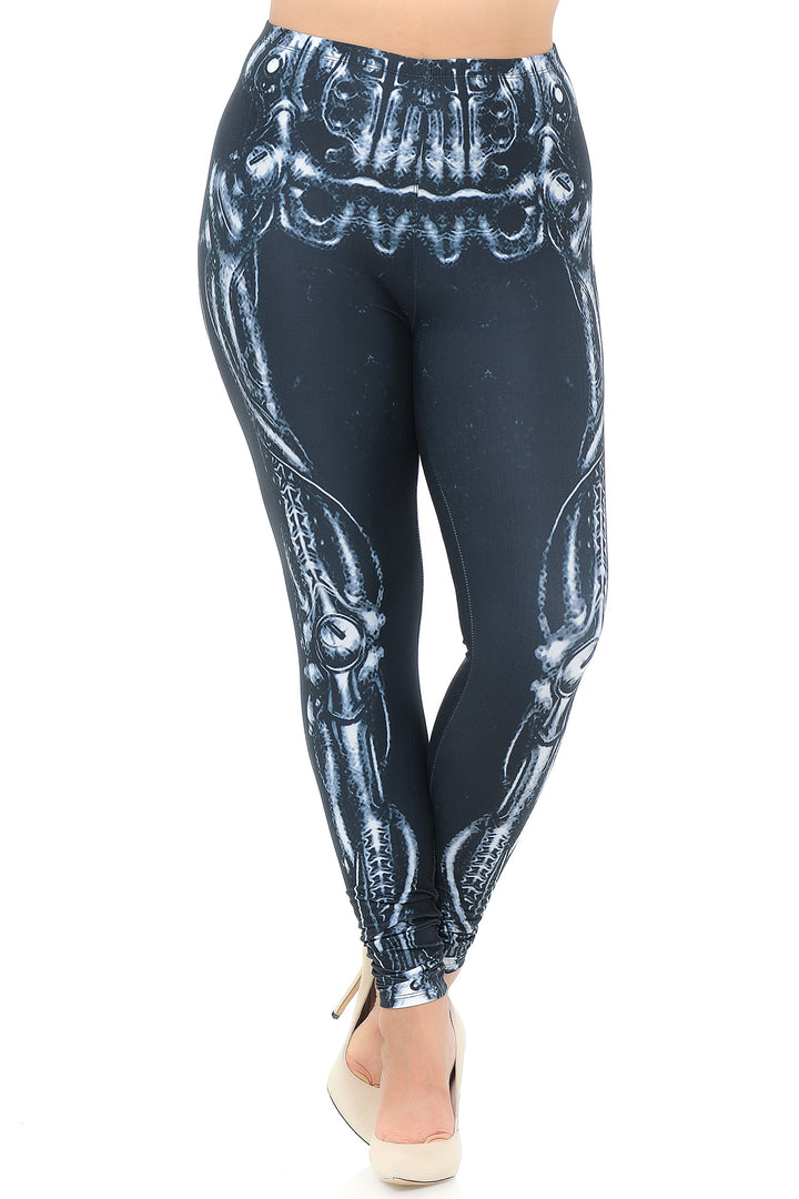 Creamy Soft Black Bio Mechanical Skeleton Extra Plus Size Leggings (Steam Punk) - 3X-5X - USA Fashion (XPlus One Size,Black)