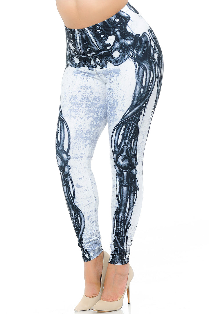 Creamy Soft White Bio Mechanical Skeleton Extra Plus Size Leggings (Steam Punk) - 3X-5X - USA Fashion (XPlus One Size,White)