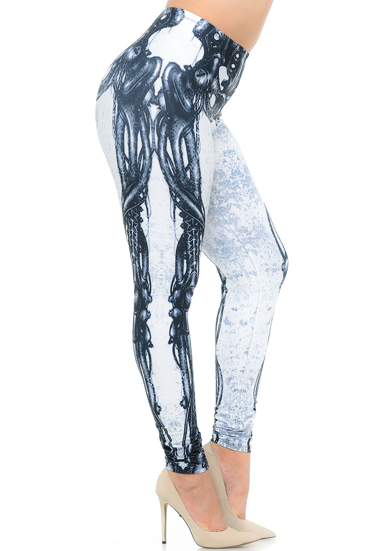 Creamy Soft White Bio Mechanical Skeleton Extra Plus Size Leggings (Steam Punk) - 3X-5X - USA Fashion (XPlus One Size,White)