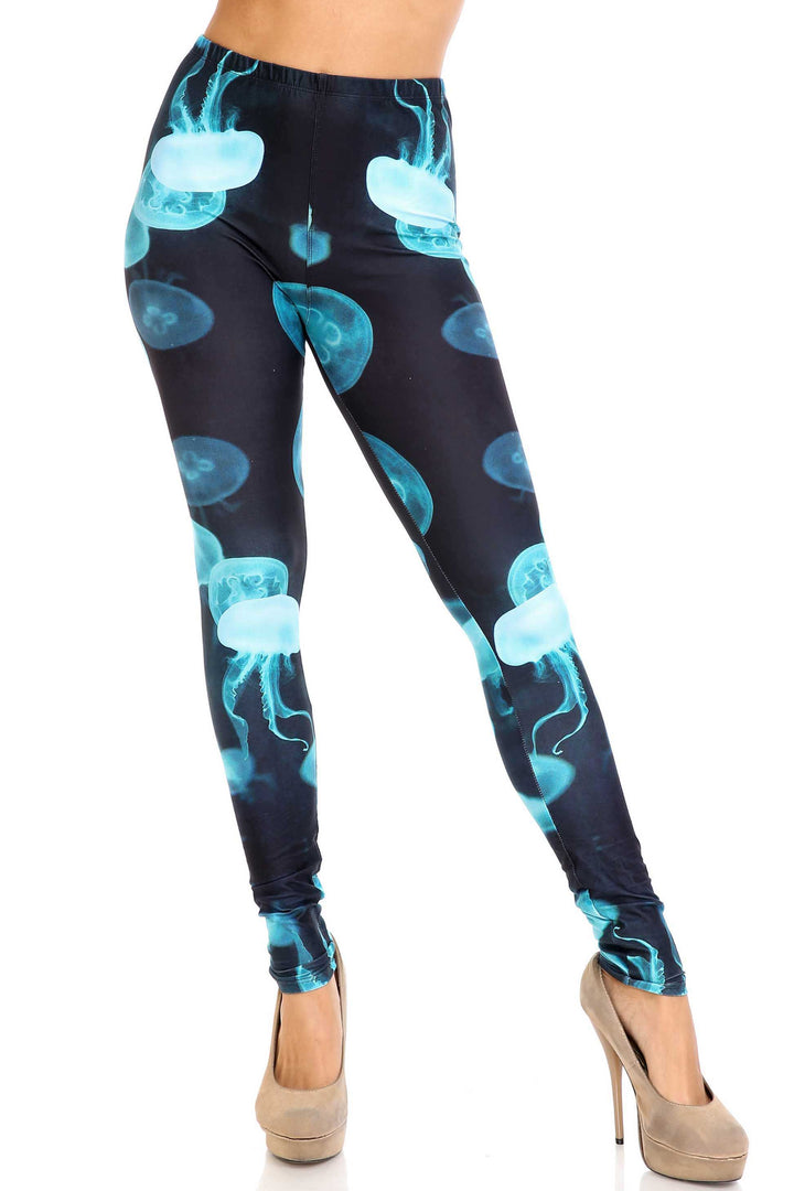 Creamy Soft Electric Blue Jelly Fish Extra Plus Size Leggings - 3X-5X - USA Fashion