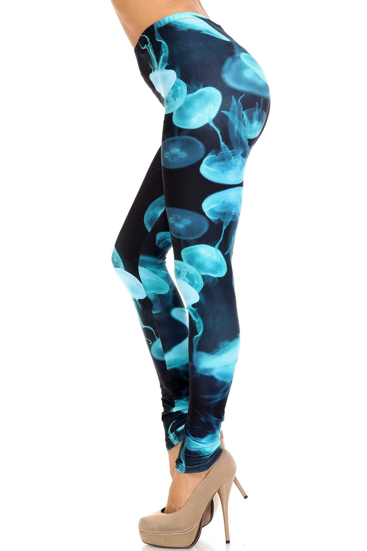 Creamy Soft Electric Blue Jelly Fish Extra Plus Size Leggings - 3X-5X - USA Fashion