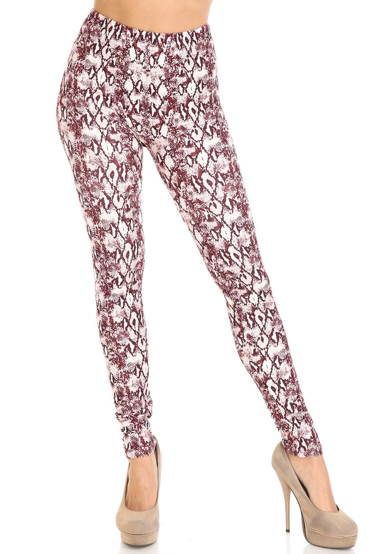 Creamy Soft Crimson Snakeskin Extra Plus Size Leggings - 3X-5X - USA Fashion