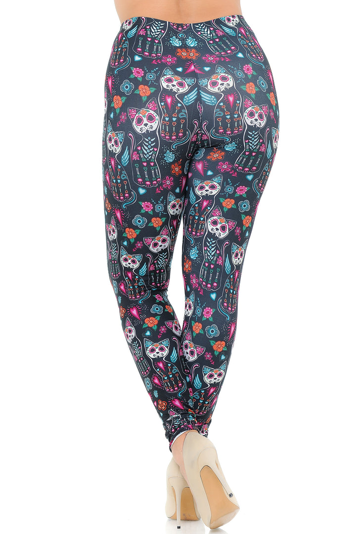 Creamy Soft Sugar Skull Kitty Cats Extra Plus Size Leggings - 3X-5X - USA Fashion