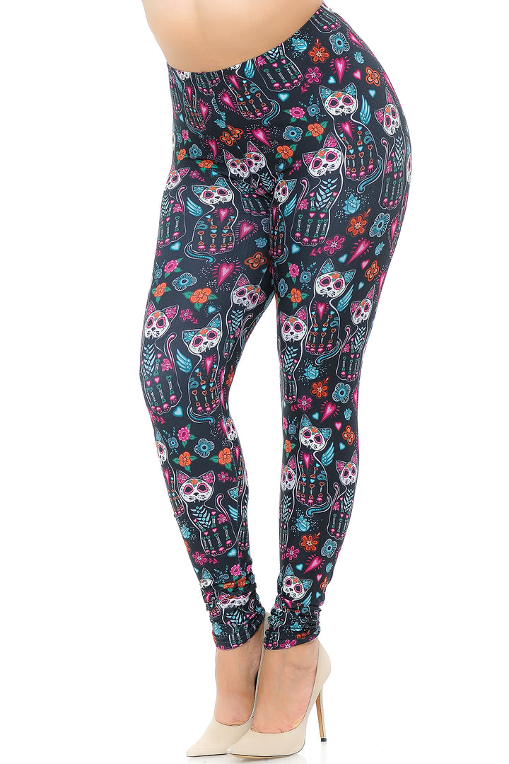 Creamy Soft Sugar Skull Kitty Cats Extra Plus Size Leggings - 3X-5X - USA Fashion