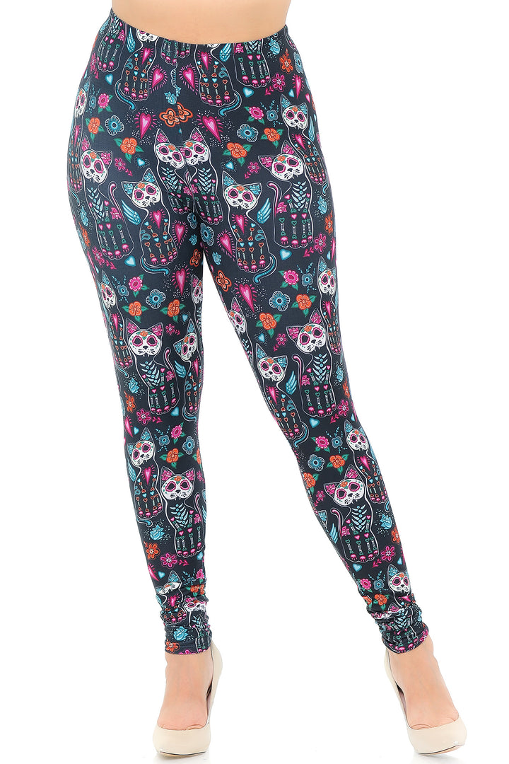 Creamy Soft Sugar Skull Kitty Cats Extra Plus Size Leggings - 3X-5X - USA Fashion