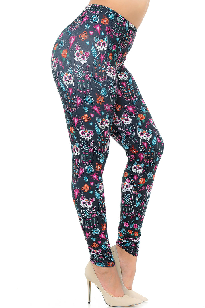 Creamy Soft Sugar Skull Kitty Cats Extra Plus Size Leggings - 3X-5X - USA Fashion