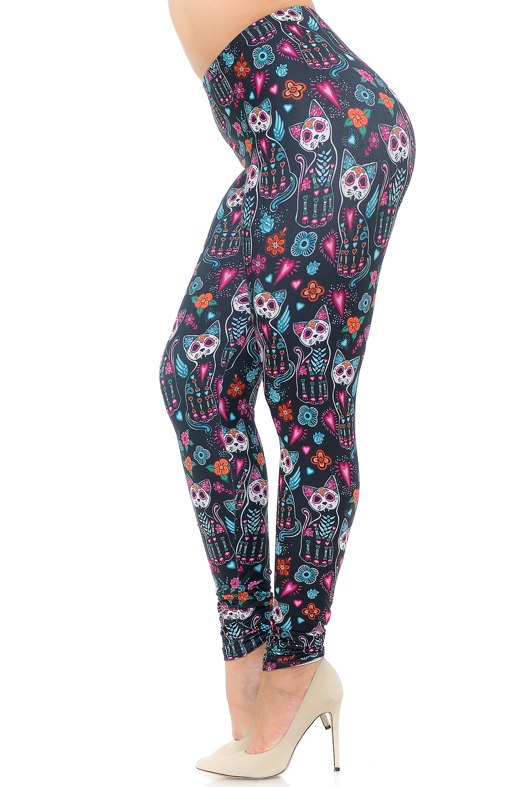 Creamy Soft Sugar Skull Kitty Cats Extra Plus Size Leggings - 3X-5X - USA Fashion