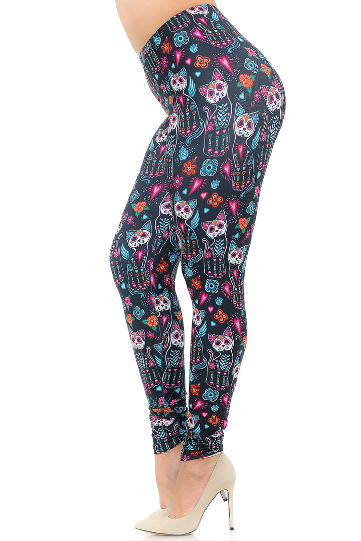 Creamy Soft Sugar Skull Kitty Cats Extra Plus Size Leggings - 3X-5X - USA Fashion