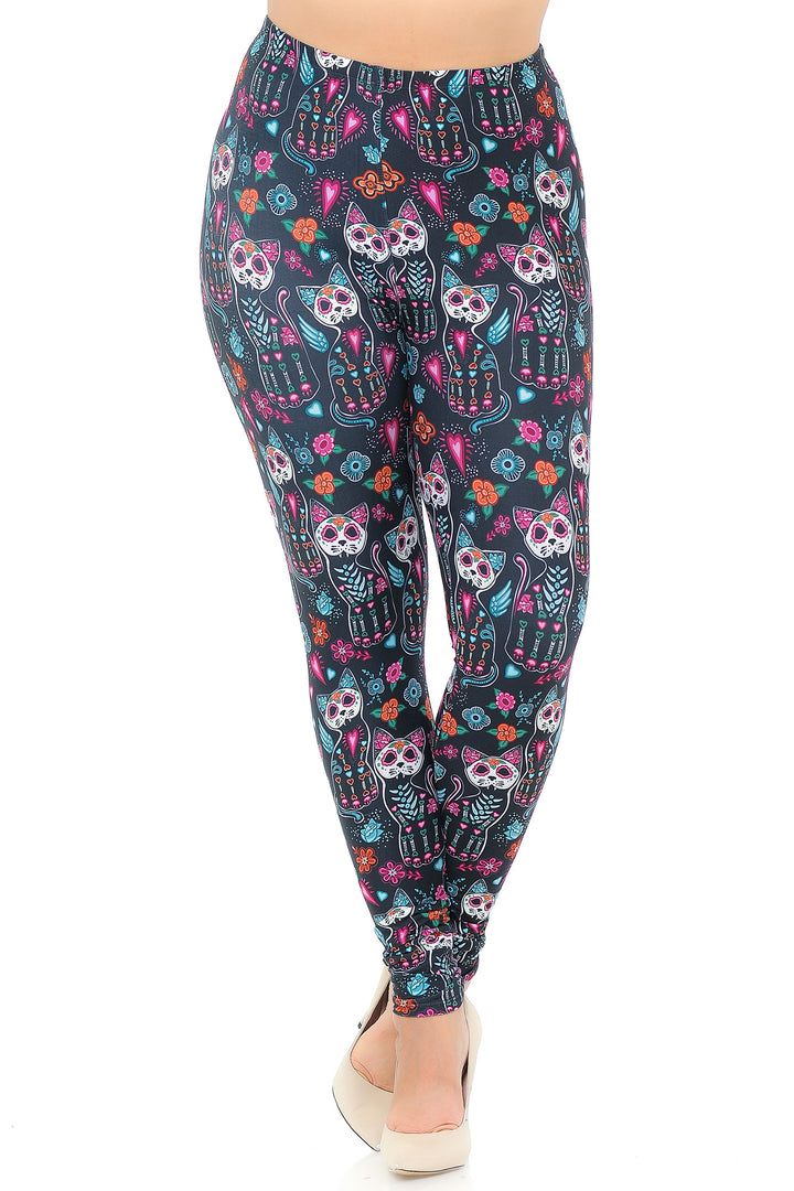 Creamy Soft Sugar Skull Kitty Cats Extra Plus Size Leggings - 3X-5X - USA Fashion