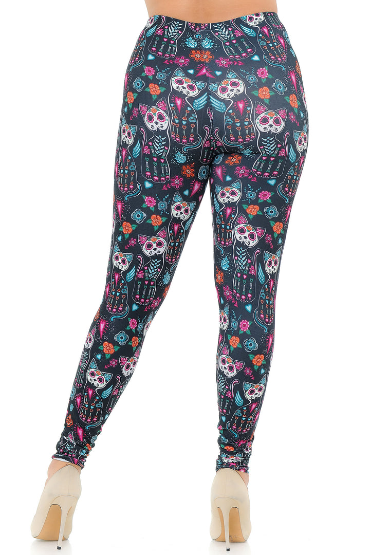 Creamy Soft Sugar Skull Kitty Cats Extra Plus Size Leggings - 3X-5X - USA Fashion
