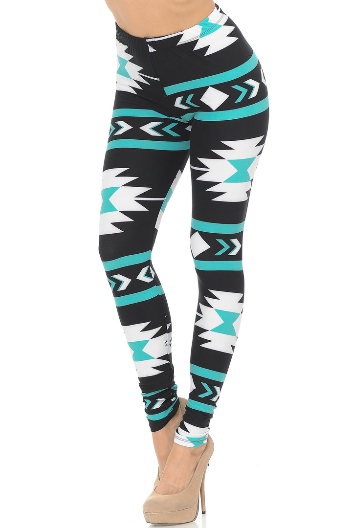 Buttery Smooth Mint on Black Azteca Tribal Leggings