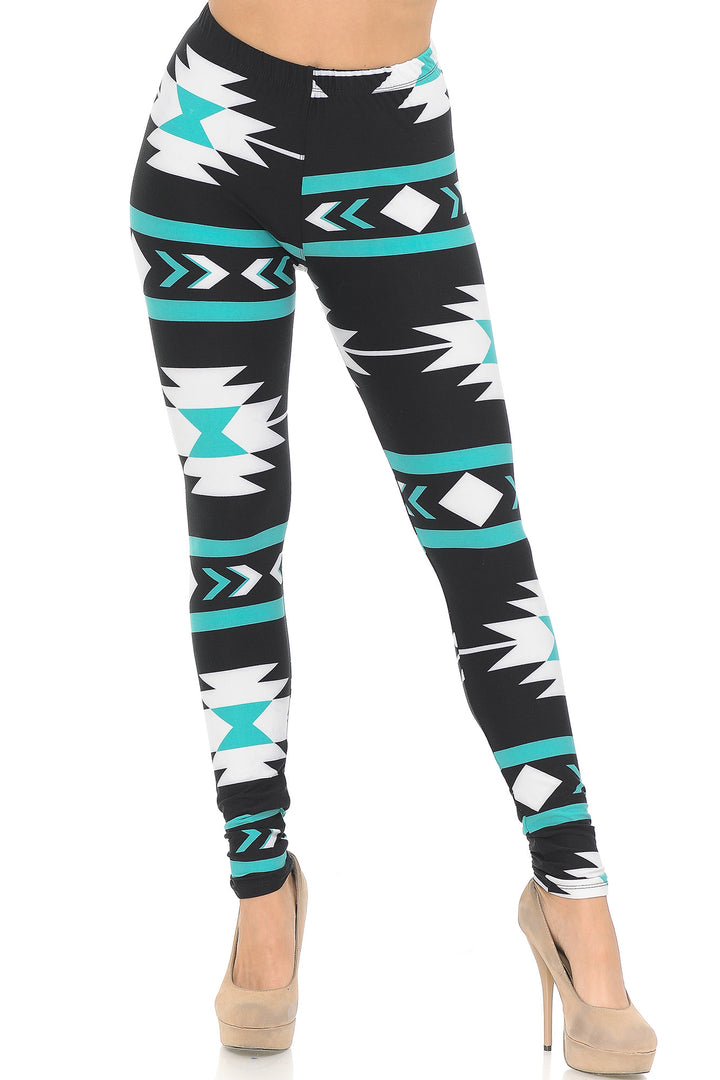 Buttery Smooth Mint on Black Azteca Tribal Leggings
