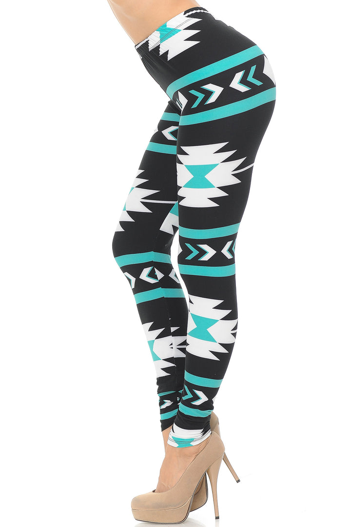 Buttery Smooth Mint on Black Azteca Tribal Leggings