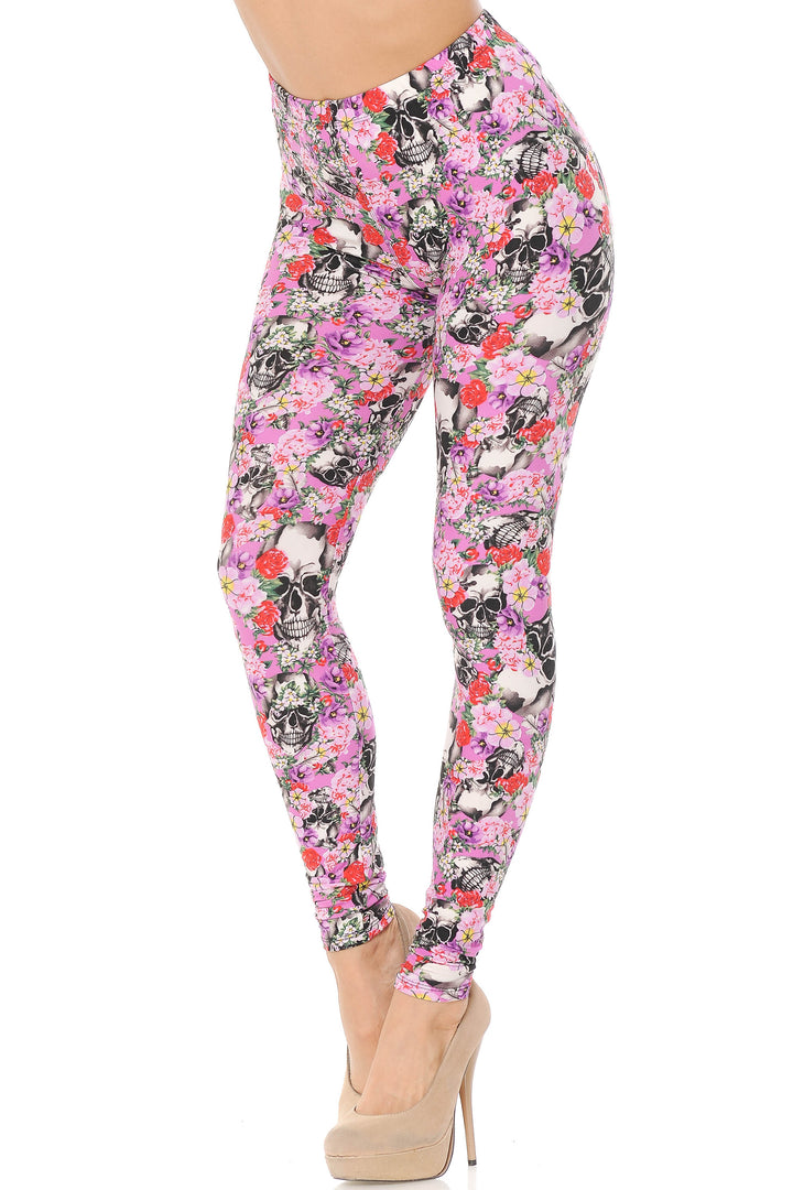 Buttery Smooth Pink Blossom Skulls Leggings