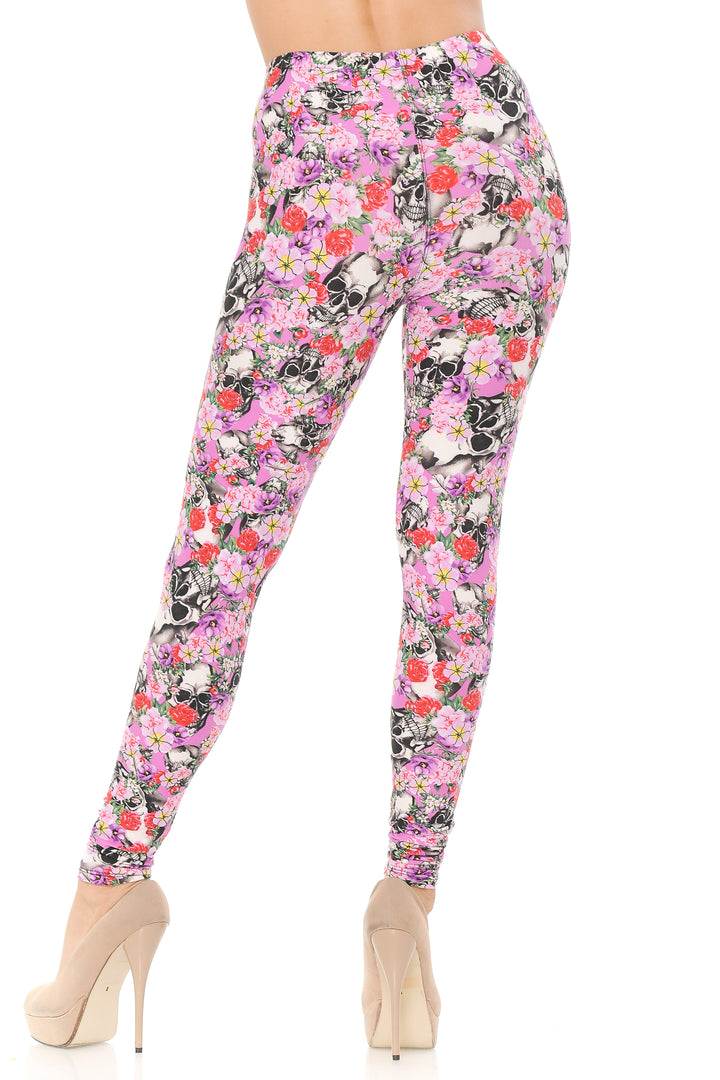 Buttery Smooth Pink Blossom Skulls Leggings