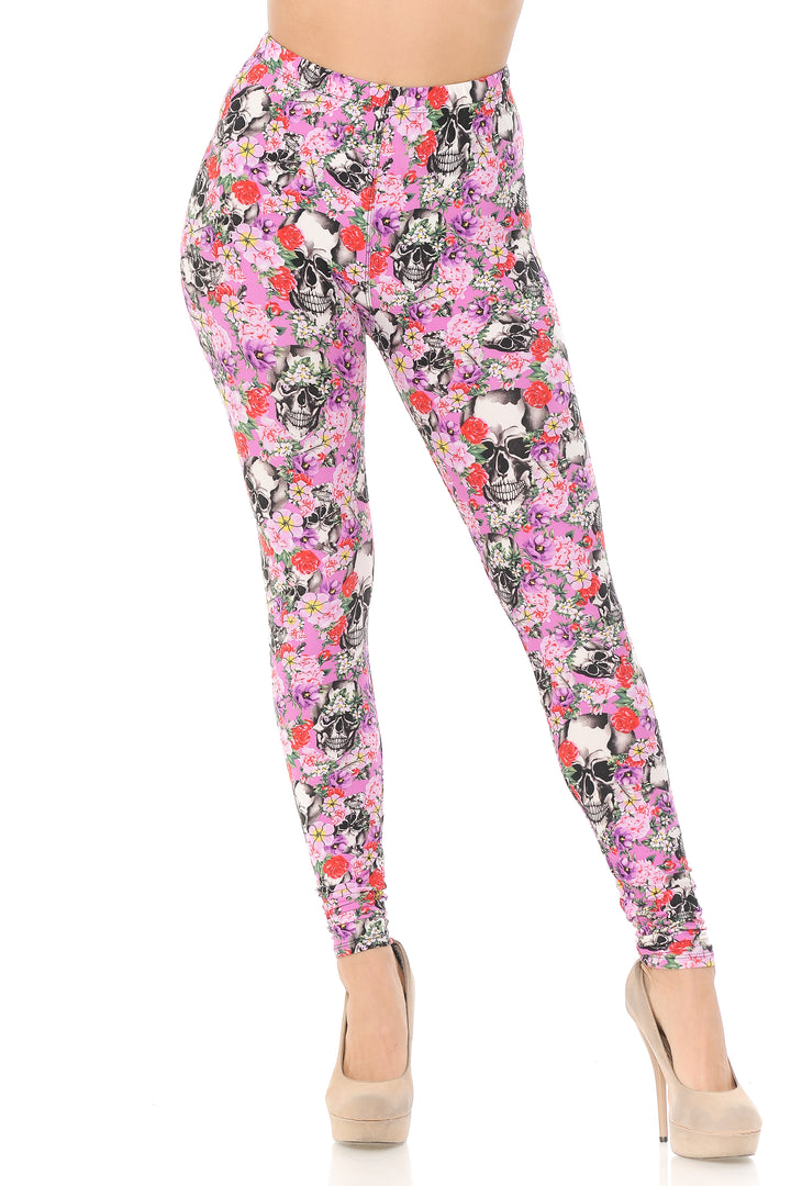 Buttery Smooth Pink Blossom Skulls Leggings