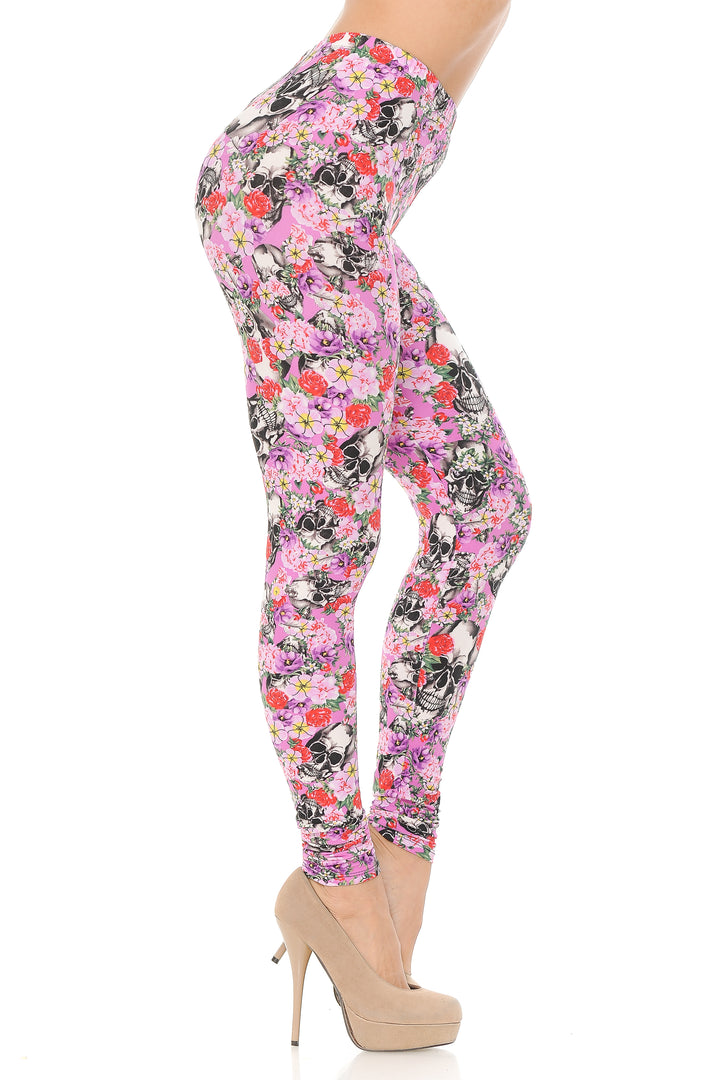 Buttery Smooth Pink Blossom Skulls Leggings